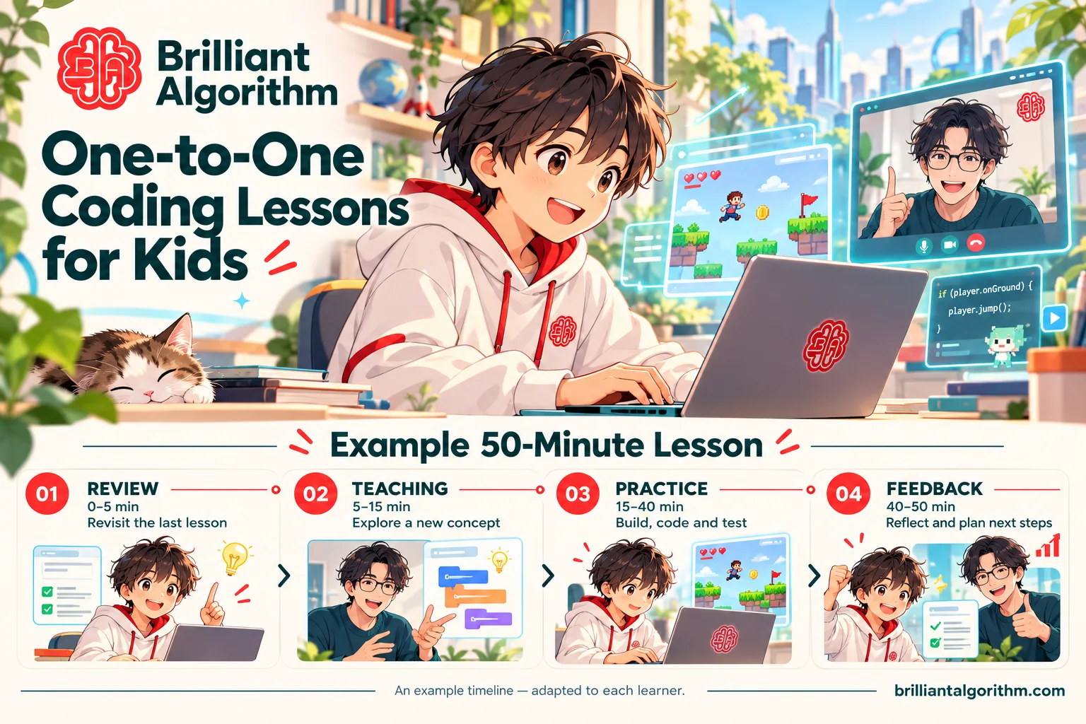 An original graphic showing the example lesson timeline. - Example coding lesson timeline covering review, teaching, practice and feedback.